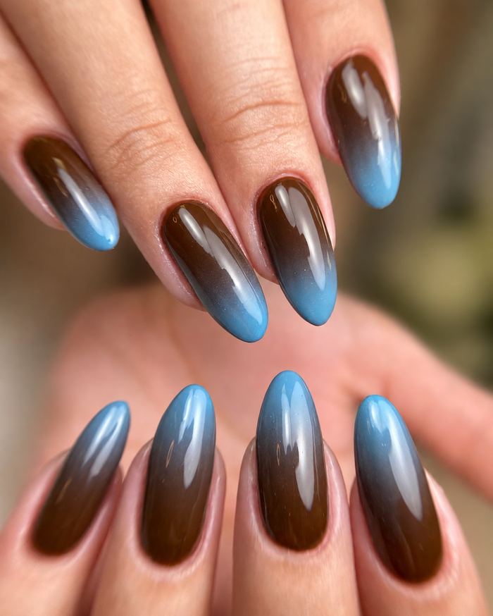 Brown-to-blue ombré nails